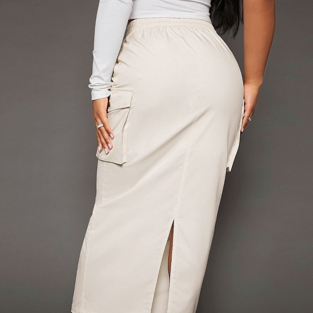 Beige Casual Womens Drawstring Waist Flap Pocket Side Cargo Skirt - Picture 4 of 5